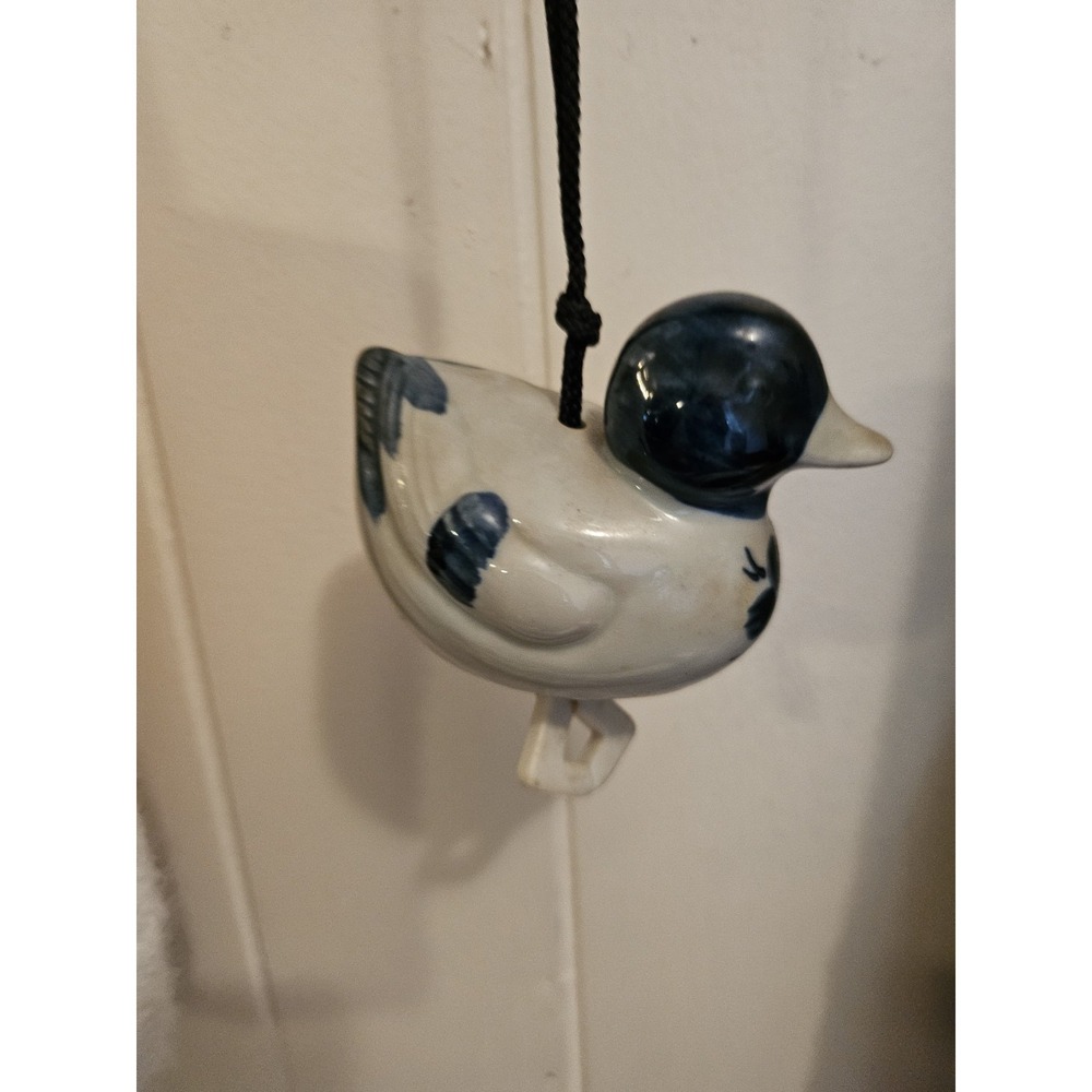 Vintage Blue  And White Ceramic Duck Bell
